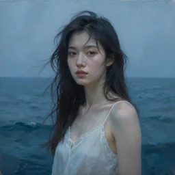 goddess of sea. portrait. blueish atmospheric lighting. highly detailed painting by greg rutkowski.