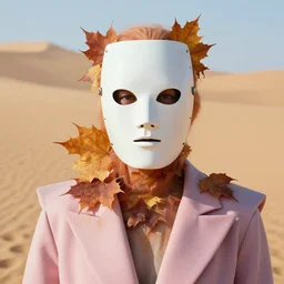 humanoid in microchip mask, autumn, perfect face, sharp focus, directed gaze, haute couture, editorial photoshoot, pastel colors, vivid, fashion photography, cinematic lightning, sand dunes, portrait photography, 8 k hd in the style of zdzisław beksinski