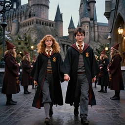 harry potter and hermione hand in hand walking in hogwarts yard, elves around, lovely, lightly dark theme, harry potter theme, trending on artstation