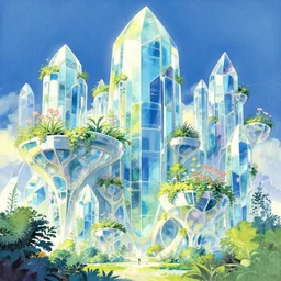 beautiful futuristic crystal architecture with organic shapes, blooming plants growing on it. gouache, limited palette with complementary colors, by award - winning mangaka, backlighting, bold composition, depth of field.