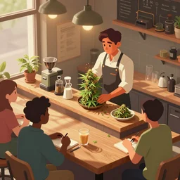 close up of barista at customers table : cafe serves cannabis for the first time in australia, isometric illustration fun, render in pixar, by darwyn cooke