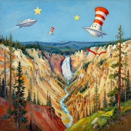 A Yellowstone forest landscape in the style of Dr. Seuss, starships, painting by Raphael Lacoste