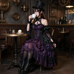 full body portrait photo of shiina ringo wearing a elegant gothic dress, open top, wearing a tophat, and glasses. drinking coffee in a steampunk cafe. studio lighting, at night, realism, realitic, ( ( photograph ) ), moody, dramatic lighting
