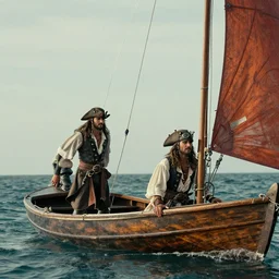 Two friends sailing on a small boat, going pirating