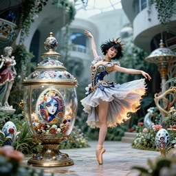 fuji gfx, 8 k, j. j abrams flare ; esoteric ultra realistic faberge in cthulhu ( 1 9 9 0 ) film still garden dance scene in frontiers in porcelain photography fashion magazine june seinen manga portrait edition, hyperrealistic real - life xenomorph hideo kojima porcelain occult egg in victorian glass jar, pointe pose, eye contact, tilt shift wide shot zaha hadid background