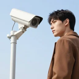 security camera, man in brown clothing,
