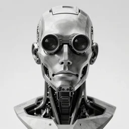 a black and white high quality photo of a male cyborg bust with square jaw and telescopes for eyes, highly detailed, symmetry, cinematic concept art, by emika lightweaver