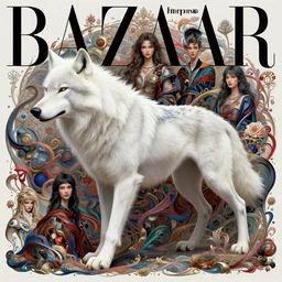 pretty model with white wolf : : by martine johanna and simon stalenhag and chie yoshii and casey weldon and wlop : : ornate, dynamic, particulate, rich colors, intricate, elegant, highly detailed, vogue, wolf, harper's bazaar art, fashion magazine, smooth, sharp focus, 8 k, octane render