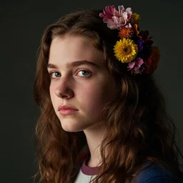 beautiful teenage portrait of Eleven from the stranger things by (((Marco Mazzoni ))) marco mazzoni ,dark ,detailed!! ,(((flowers on hair))) ,portrait, side light!!!-n4