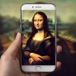 mona lisa painting by leonardo da vinci, using iphone,