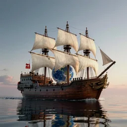 a large pirate ship carrying an earth miniature, reflective, wide angle, 4k