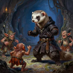 A clever ferret-boy rogue is battling goblins in the darkest dungeon. trending on Pixiv. trending on ArtStation. A vibrant painting. A highly detailed fantasy character illustration by Wayne Reynolds and Charles Monet and Gustave Dore and Carl Critchlow