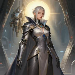 detailed portrait of a cyborg, necromancer, benevolent, scifi, futuristic, elegant cape, inside a space ship, warframe, trending on artstation, soft light, holy machine, advanced technology, art by vitaly bulgarov and nivanh chanthara