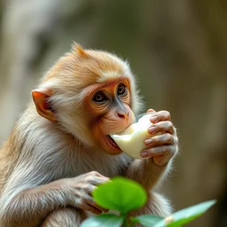 photo of a monkey eating yogurt