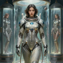 Italian Japanese mixed race beautiful celestial Goddess wearing a futuristic lush spacesuit exposed in cryo chambers by James Jean, intricate, elegant, highly detailed, centered, digital painting, artstation, concept art, smooth, sharp focus, illustration, by Peter Mohrbacher, WLOP