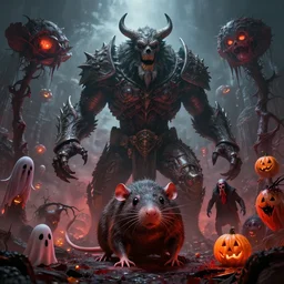 by par olofsson and wayne barlowe visually stunning, cinematic, ultra realistic, hyper realism, 1 2 k, epic, octane render, unreal engine, vfx, maya, life tap, doomguard, giant rat, imp master, timber wolf, bloodbloom, corruption, sad jack - o - lanterns, strawberry ghosts, nightmarish creatures, apocalyptic hellscapes