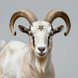 a realist color photograph portrait of a goat with large curly horns and a pentagram on its forehead, empty background