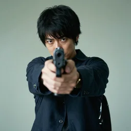 naoki yoshida pointing a gun at you, hd, photography