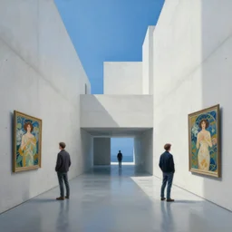 painting of interior shot of a white concerete brutalist contemporary art museum by darek zabrocki and greg ruthkowski, alphonse mucha, simon stalenhag and cinematic and blue cold atmospheric, archillect concept art, artstation, trending on artstation