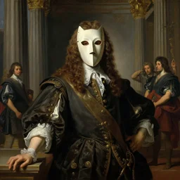 neoclassical portrait of a prince in his temple wearing a triangular mask, by jacques - louis david, by greg rutkowski, by zdzisław beksinski, by josep tapiro baro, by caravaggio, trending on artstation, featured on pixiv, masterpiece, oil on canvas, cinematic composition, dynamic beautiful lighting,