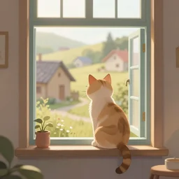 cat on window, inside house in village, calm, warm, cozy, digital art, sweet home, cute, naive, detailed