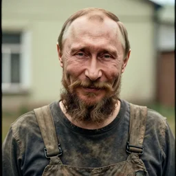 far view, extremely skinny malnourished vladimir putin with long beard, wearing dirty overalls, dirty greasy face, grin, portrait, close up, kodak gold 2 0 0, 5 0 mm,