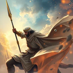 male bedouin warrior in battle surrounded by nebula, highly detailed, gold filigree, romantic storybook fantasy, soft cinematic lighting, award, disney concept art watercolor illustration by mandy jurgens and alphonse mucha and alena aenami, pastel color palette, featured on artstation