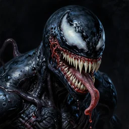 baroque neoclassicist close - up portrait of venom dripping in toxic slime. dark black background, glowing atmosphere. highly detailed science fiction horror painting by norman rockwell, frank frazetta, and syd mead. rich colors, high contrast, gloomy atmosphere. trending on artstation and behance.