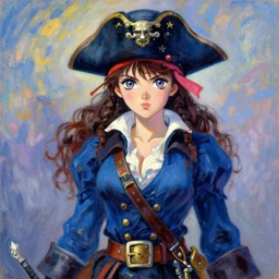 a portrait of a female pirate, blue uniform, very anime in impressionist style, anime trending artwork, anime painter studio, by claude monet