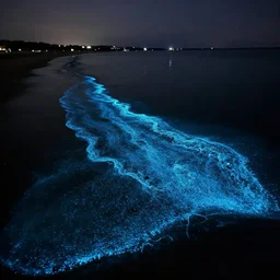 a beach at night with glowing phosphorescent waves