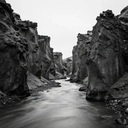 minimalist black and white photograph of an icelandic gorge, time exposure, of a river, sharp tall pillars, sharp rocks,