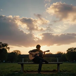 1 9 9 0 s candid 3 5 mm photo of a man sitting on a bench in a park playing guitar, cinematic lighting, cinematic look, golden hour, the clouds are epic and colorful with cinematic rays of light, photographed by petra collins, uhd