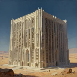 a giant immense squared crematorium gothic architecture advanced technology scifi architectural structure desert planet, tim hildebrandt, wayne barlowe, bruce pennington, donato giancola, trending on artstation, cinematic composition, beautiful lighting, hyper detailed, 8 k, oil on canvas