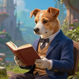 well-dressed humanoid dog reading a book, vivid colors, high details, cinematic, 8k resolution, beautiful detailed, photorealistic, digital painting, artstation, concept art, smooth, sharp focus, illustration, fantasy background, artstation trending, octane render, unreal engine