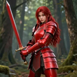 a girl with long red hair wearing a red plate armor and holding a big red sword in a forest, 3d render, octane render, unreal engine 5, 8k hdr, hyperrealistic, highly detailed, high quality, concept art, trending on Artstation