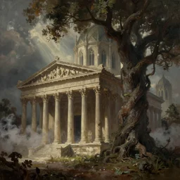 Painting of an ancient Roman temple  mixed with Victorian Gothic architecture!!, Bloodborne, volumetric fog, god rays, enormous gnarled trees, painterly, cinematic lighting, artstation, rendered in octane, painterly, brushstrokes, textured, by Bierstadt!!!, by Jean-Baptiste Monge.