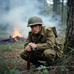 an analog color photograph of a ww 2 soldier hiding in a forest. in the background there is smoke and fire. at dusk. christopher nolan style. cinematic!! shot. cinematography. detailed. hq. in - frame. imax. anamorphic!! film. anamorphic bokeh!!!. kodak. helios 4 4 m.