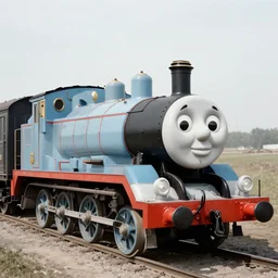 WW2 era photograph of a Schwere-Gustav train artillery from WW2 with with Thomas the Tank Engine face
