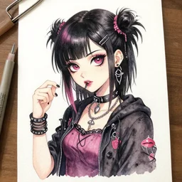Beautiful detailed watercolor medium shot of a cute goth punk girl by Bill Sienkiewicz, trending on pinterest