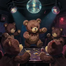 a dark noisy night club, several teddy bear going berserk, disco lighting, darkly playful color scheme, intricate details, matte painting, illustration, by hayao miyazaki