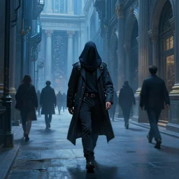 hyperrealistic and beautiful painting of a shrouded man walking through the alley way of a grand city, wanderers traveling from afar, man dressed in techwear, classical architecture, technological lights, cyberpunk style, 8 k resolution, by hugh ferris and john smith and noriyoshi ohrai, polished, fine detail, intricate, blue color scheme, cyberpunk style, smooth, octane, concept art, artstation