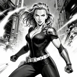 scarlett johansson as juggernaut, action scene, black and white, afro samurai manga style