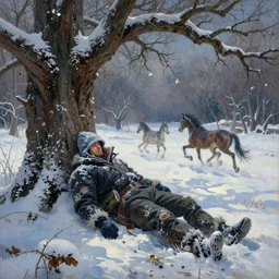 torn mittens of the frostbitten hunter, leaning against the oak - tree and had almost fallen asleep when a clattering of hoofs awakened him, a snowdrop alex colville painting