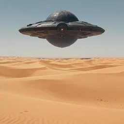 Wide long shot epic desert dune scenery, on the distant horizon hovers a colossal perfectly spherical dark ornately detailed futuristic spaceship, sharp focus, illustration, by Stéphane Bourez, László Szabados