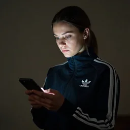 portrait of slav heroine wearing an addidas tracksuit with a phone in hand. illuminated phone screen, by greg rutkowski and wlop, detailed, cinematic, 8 k, intricate, rule of thirds.