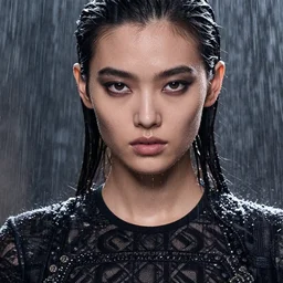 close up of face of a wet fashion model in luxury dress, heavy rain, dramatic lighting, official dior editorial, highly detailed