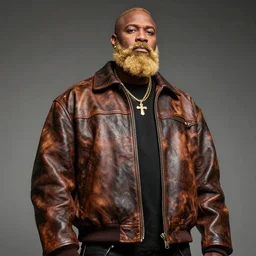 detailed attractive characther portrait of jimmy faloon wearing oversized cow skin jacket and gold beard, realistic, wide angle, dramatic light 8 k