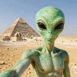 selfie of a green alien in egypt, unreal engine 5