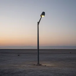 a photo of a weird streetlight on the desolate shore of the salton sea at dusk