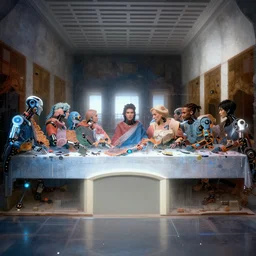 !5 diverse cyborgs on !one_side of a reflective !cybernetic table, !!posing_as_last_supper, inticrate detailed glowing implants, !!highly detailed, beautiful lighting